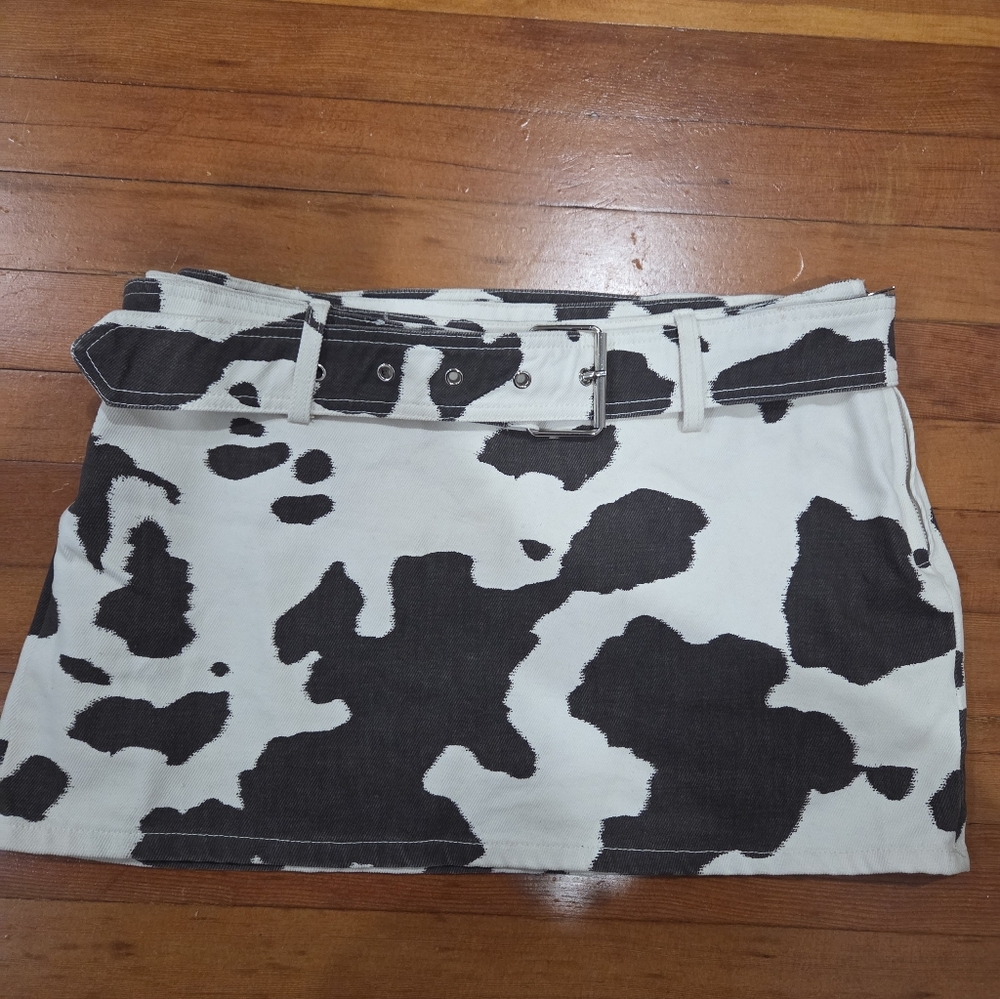 Brown & White Cow Print Mini Skirt with Matching Belt